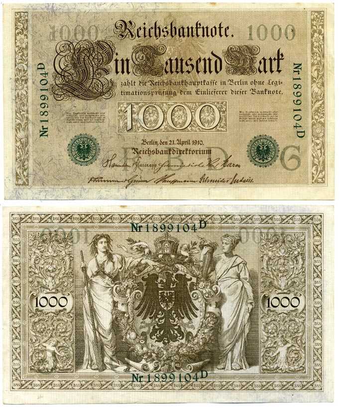 ГЕРМАНИЯ 1000 МАРОК 1910 21 АПРЕЛЯ 1910, ЗЕЛЁНАЯ ПЕЧАТЬ, СЕМИЗНАЧНЫЙ НОМЕР Pick 45b бумага 7198-30-1-2