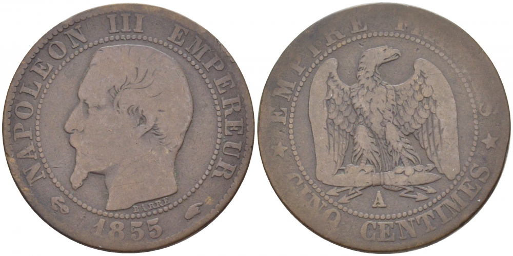 Франция 5 сантимов 1855 A, Наполеон III (1852-1870) KM 777.1, LE FRANC 116.17 бронза 4448-1232