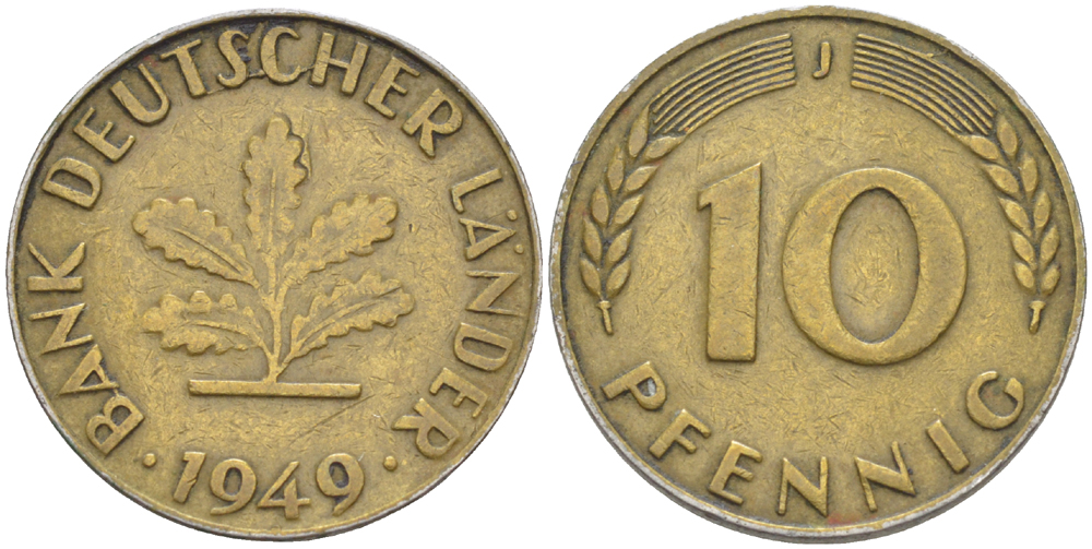 ФРГ 10 ПФЕННИГОВ 1949 J KM 103, J. 378 сталь плакированная латунью 4182-734