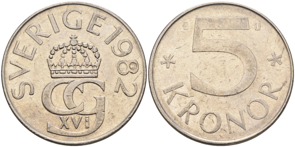 Швеция 5 крон 1982 U, Карл XVI Густав (1973- ) КМ 853 медно-никель 4367-1136