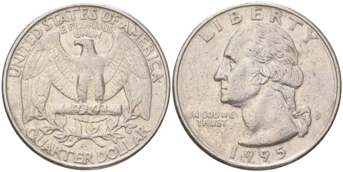США 25 центов = квотер = 1/4 доллара 1995 D, Вашингтон KM 164a медь плакированная медно-никелем 4143-151