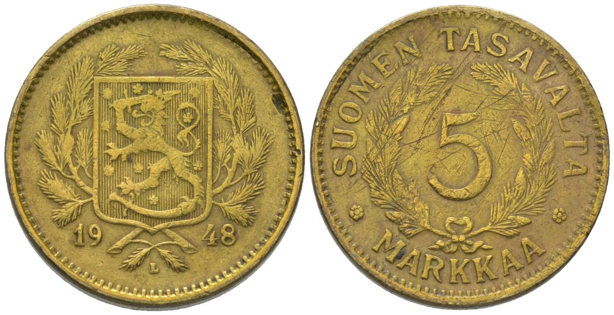 Финляндия 5 марок 1948 L KM 31a латунь 4586-425