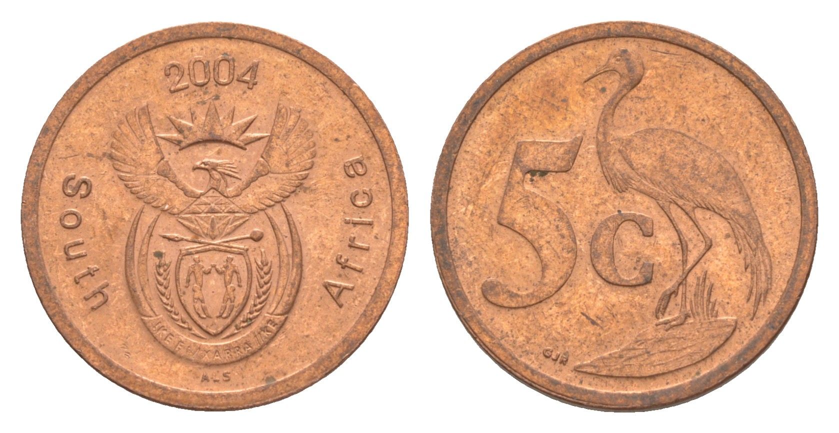 ЮАР 5 центов 2004 герб, райский журавль KM 325 сталь плакированная медью 4621-663