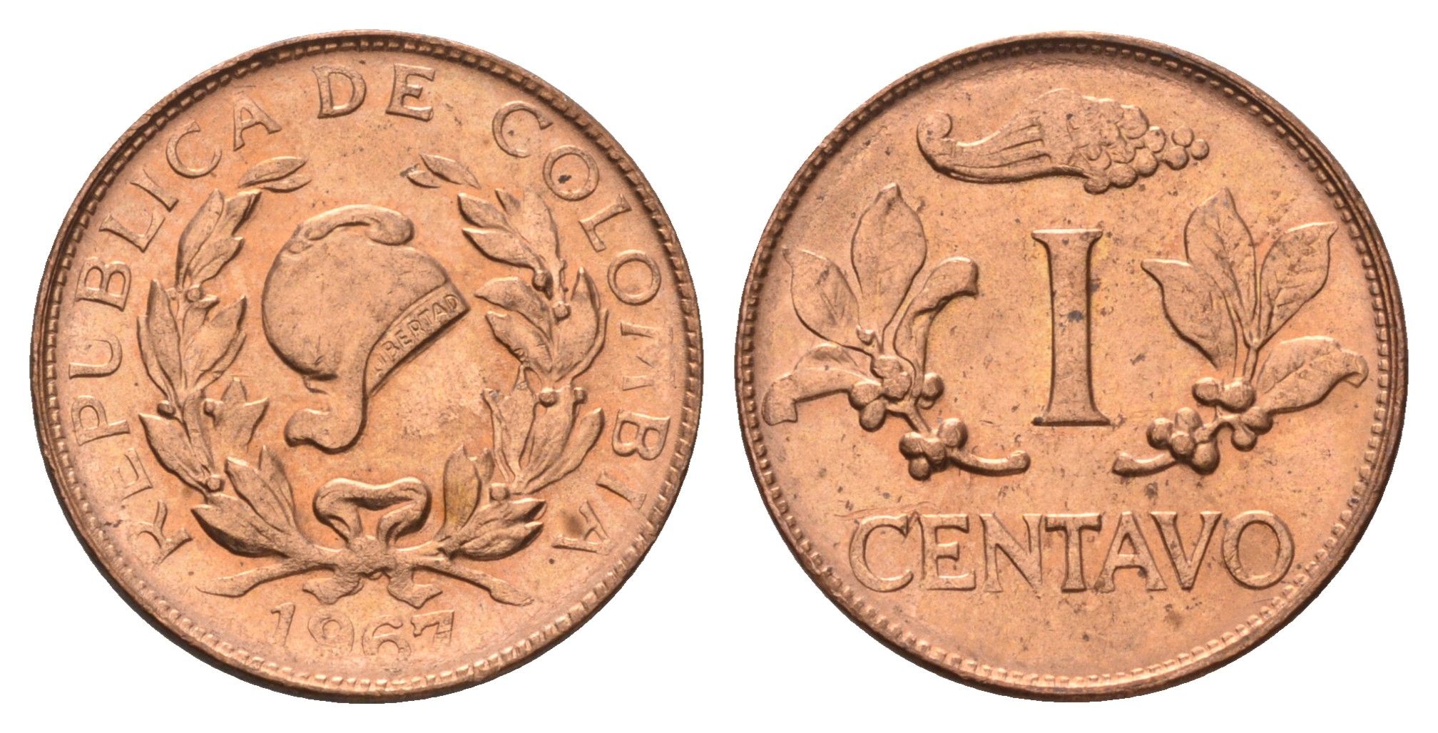 Колумбия 1 сентаво 1967 KM 205a сталь плакированная медью UNC 112-1056