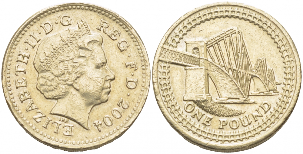 Великобритания 1 фунт 2004 Елизавета II (1952-2022), Мост Форт-Бридж в Шотландии KM 1048, Spink 4595 никель латунь 175-1111