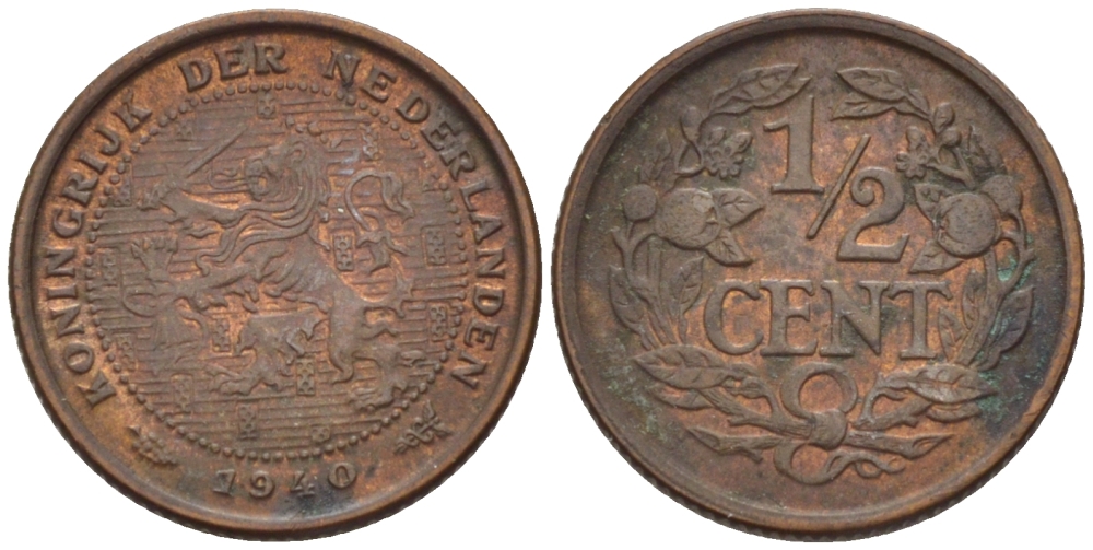 НИДЕРЛАНДЫ 1/2 ЦЕНТА 1940 ВИЛЬГЕЛЬМИНА (1890-1948) KM 138 бронза 39-243