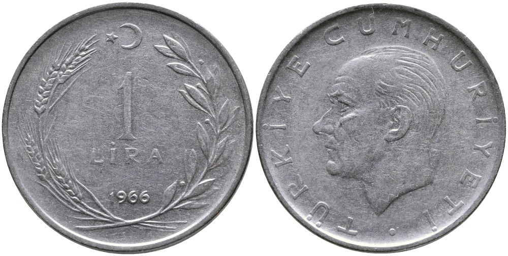 Турция 1 лира 1966 Мустафа Кемаль Ататюрк 889а.1 нержавеющая сталь 4541-1233