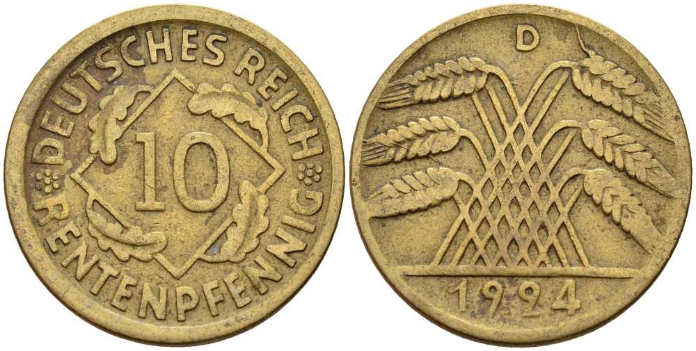 ГЕРМАНИЯ 10 РЕНТЕНПФЕННИГОВ 1924 D KM 33, J. 309 алюминиевая бронза 4401-413