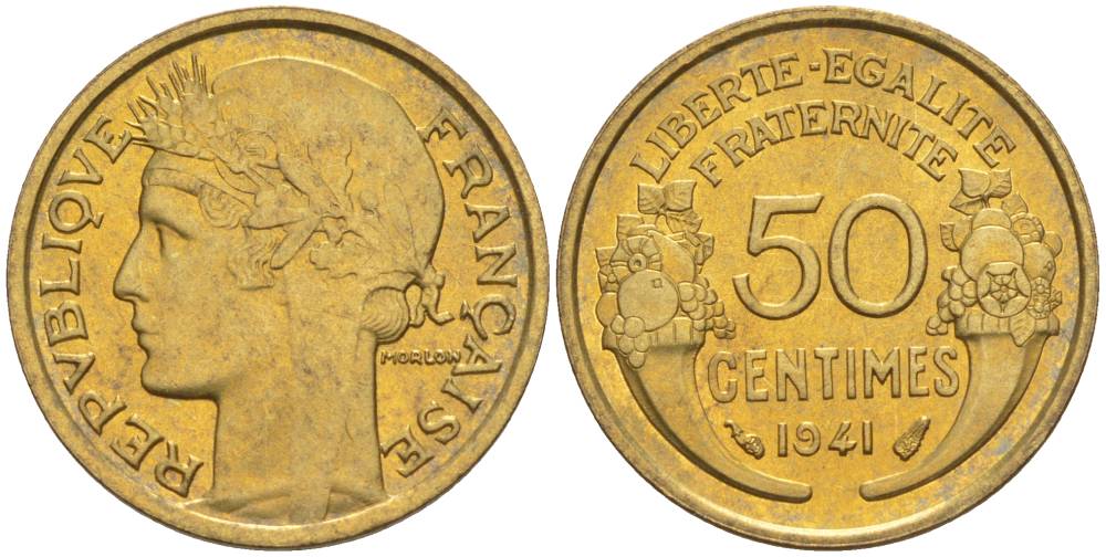 ФРАНЦИЯ 50 САНТИМОВ 1941 ТИП MORLON KM 894.1, LE FRANC 192.18 алюминиевая бронза 44-636