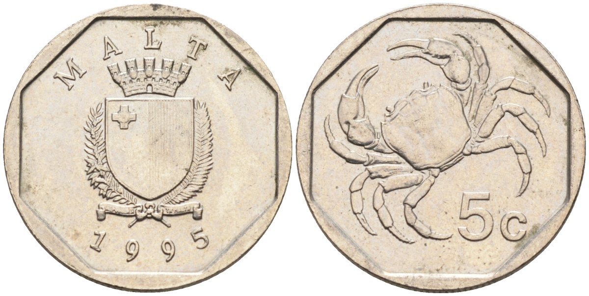 Мальта 5 центов 1993 краб KM 95 медно-никель 4588-133