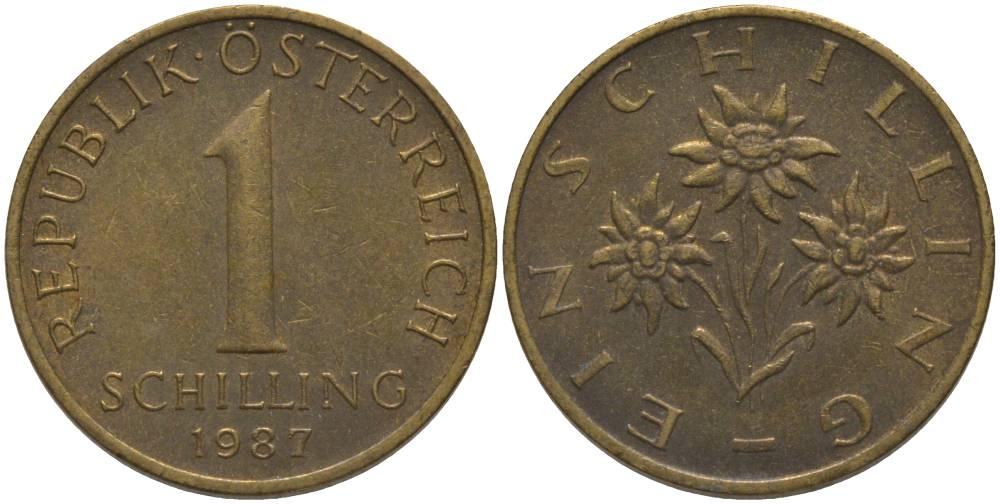 АВСТРИЯ 1 ШИЛЛИНГ 1987 KM 2886 алюминиевая бронза 181-224