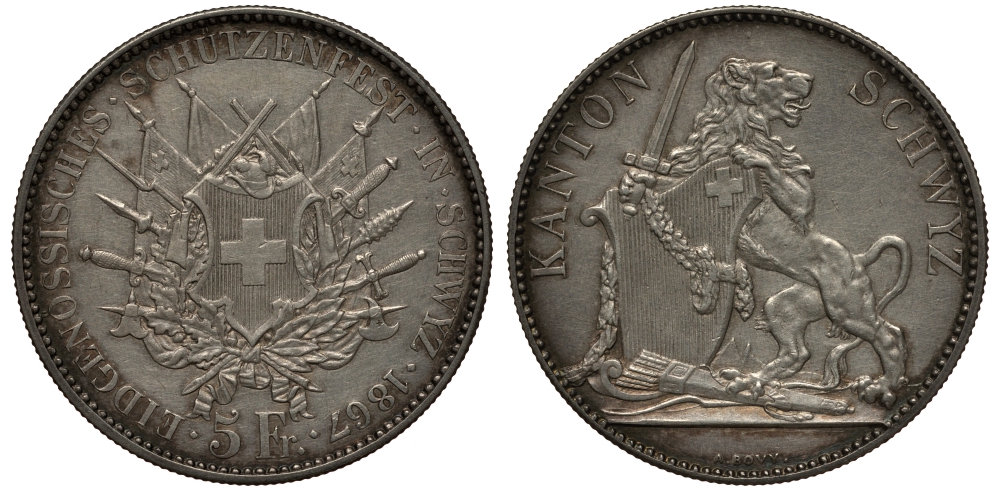 Швейцария 5 франков 1867 стрелковый фестиваль - Швиц KM S9 серебро aUNC 00-814-65