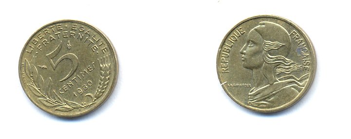 ФРАНЦИЯ 5 САНТИМОВ 1980 ТИП MARIANNE KM 933 медь алюминий никель 4379-937