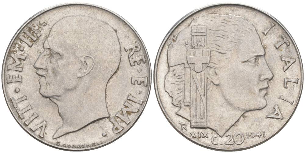 ИТАЛИЯ 20 ЧЕНТЕЗИМО 1941 R, ГОД XIX, ВИКТОР ЭММАНУИЛ III (1900-1946) KM 75b, VEM3. 1028 нержавеющая сталь 3853-653