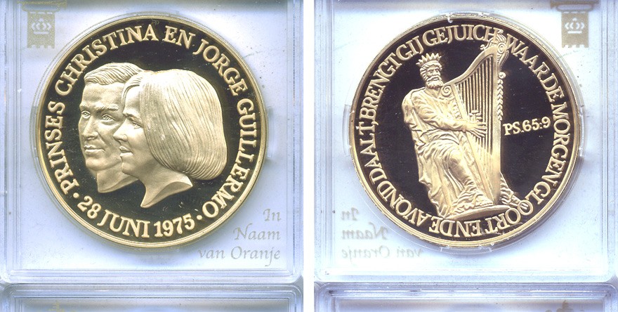 НИДЕРЛАНДЫ МЕДАЛЬ ND СВАДЬБА ПРИНЦЕССЫ КРИСТИНЫ И ДЖОРДЖА ГИЛЬЕРМО 28 ИЮНЯ 1975 ГОДА бронза, позолота PROOF 5-3-1-87