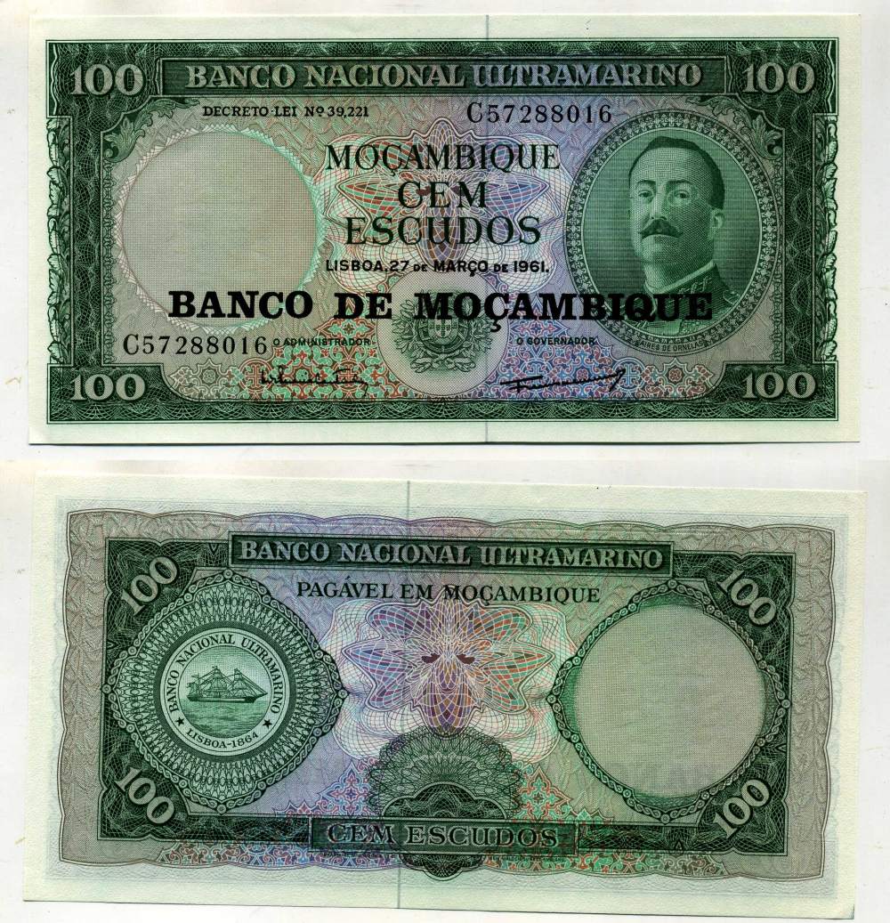 Мозамбик 100 эскудо 1961 (1976) надпечатка на 1961, Айрес де Орнелас  Pick 117 a бумага UNC (пресс) 8595-6-3-1