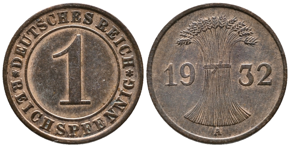 ГЕРМАНИЯ 1 РЕЙХСПФЕННИГ 1932 A KM 37, J. 313 бронза 39-1057