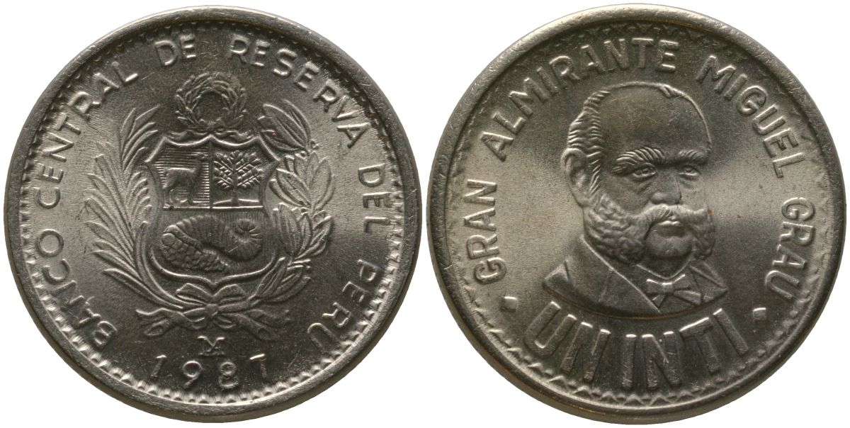 Перу 1 инти 1987 LIMA KM 296, Schon 97 медь цинк никель UNC 4543-113