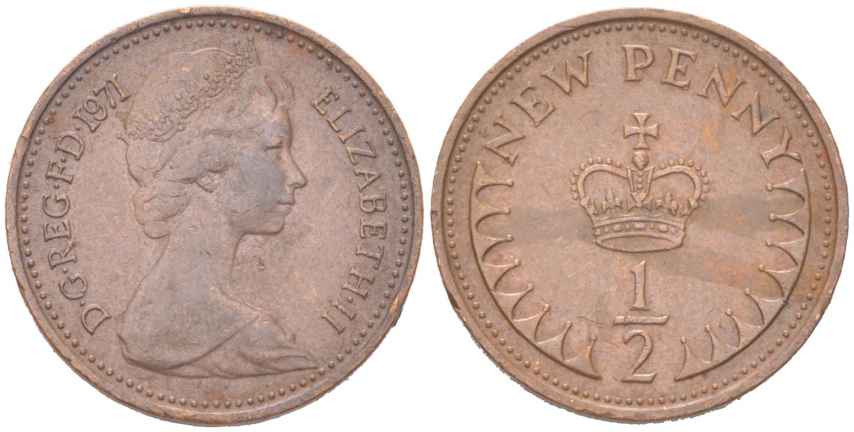 Великобритания 1/2 новый пенни 1971 Елизавета II (1952-2022) KM 914, Spink 4239 бронза 4614-767