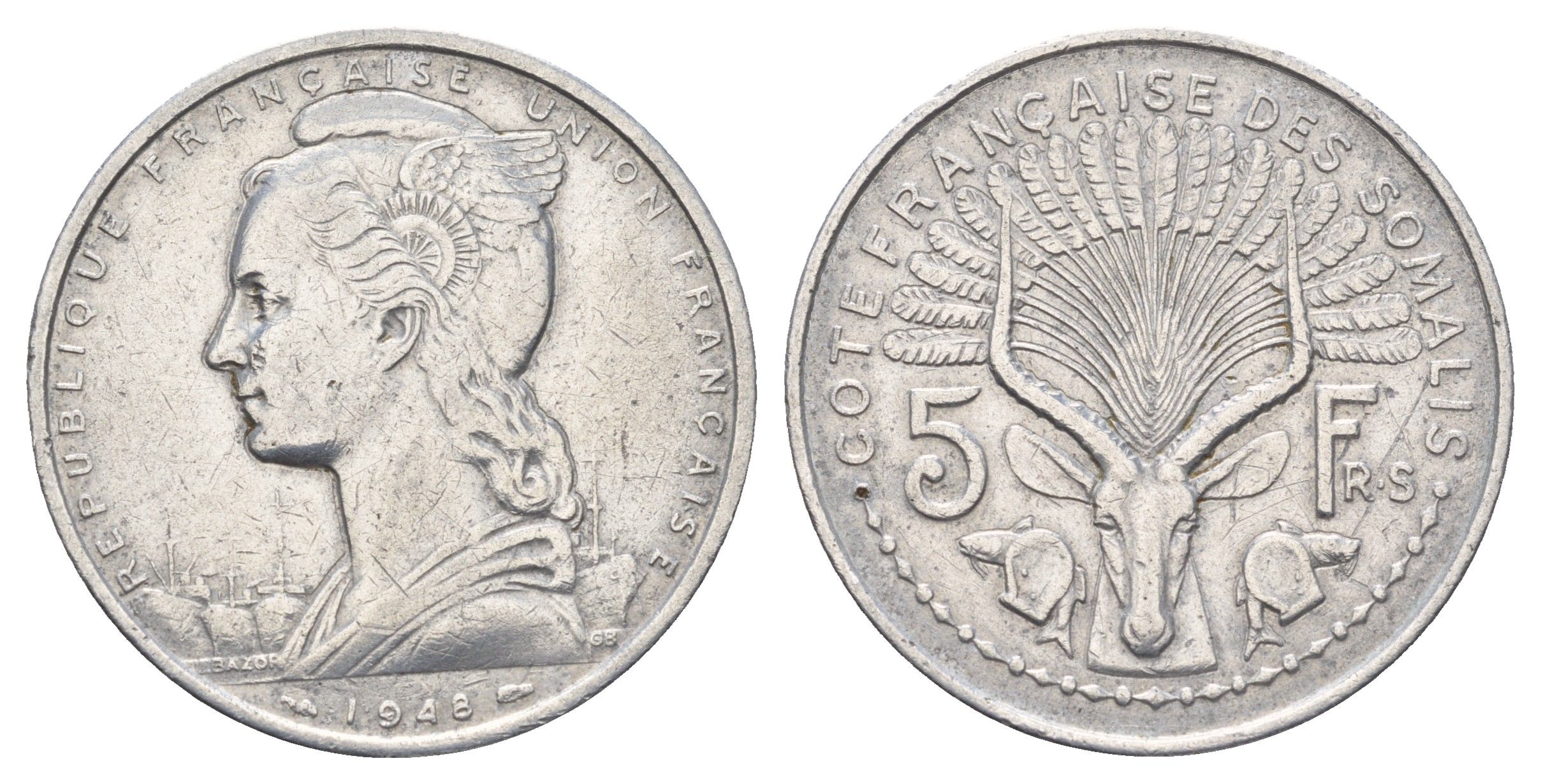 Французское Сомали 5 франков 1948 год-тип KM 6 алюминий 4672-133