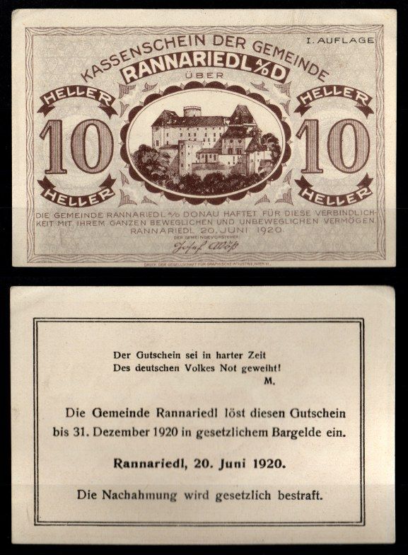 Австрия, Раннаридль 10 геллеров 1920 Jaksc/Pick JPR0818a-10 бумага aUNC 2193-13-3-2