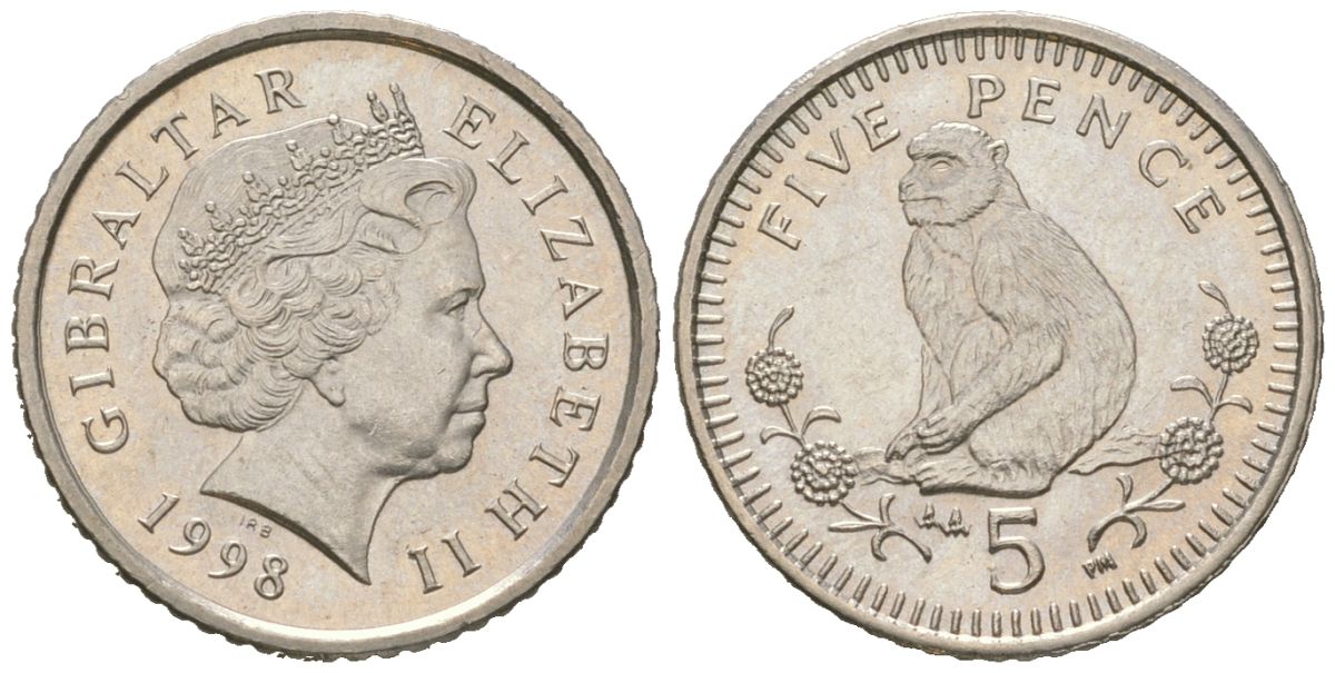 Гибралтар 5 пенсов 1998 KM 775 медно-никель UNC 4618-622