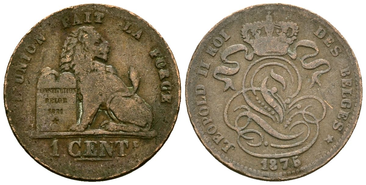 Бельгия 1 сантим 1876 Belges, Леопольд II (1865-1909) KM 33.1 медь 4164-1028