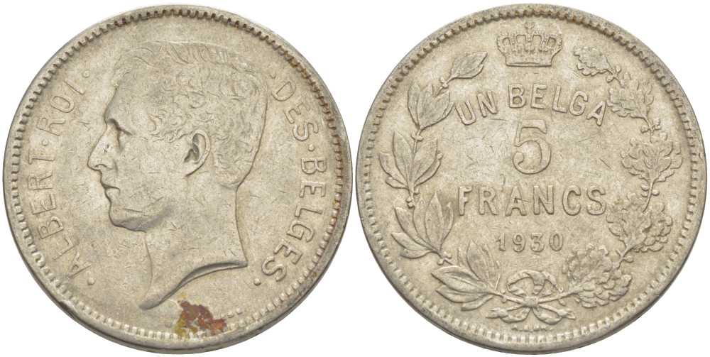 БЕЛЬГИЯ 5 ФРАНКОВ 1930 АЛЬБЕРТ I, DES BELGES KM 97.1 никель 3851-113