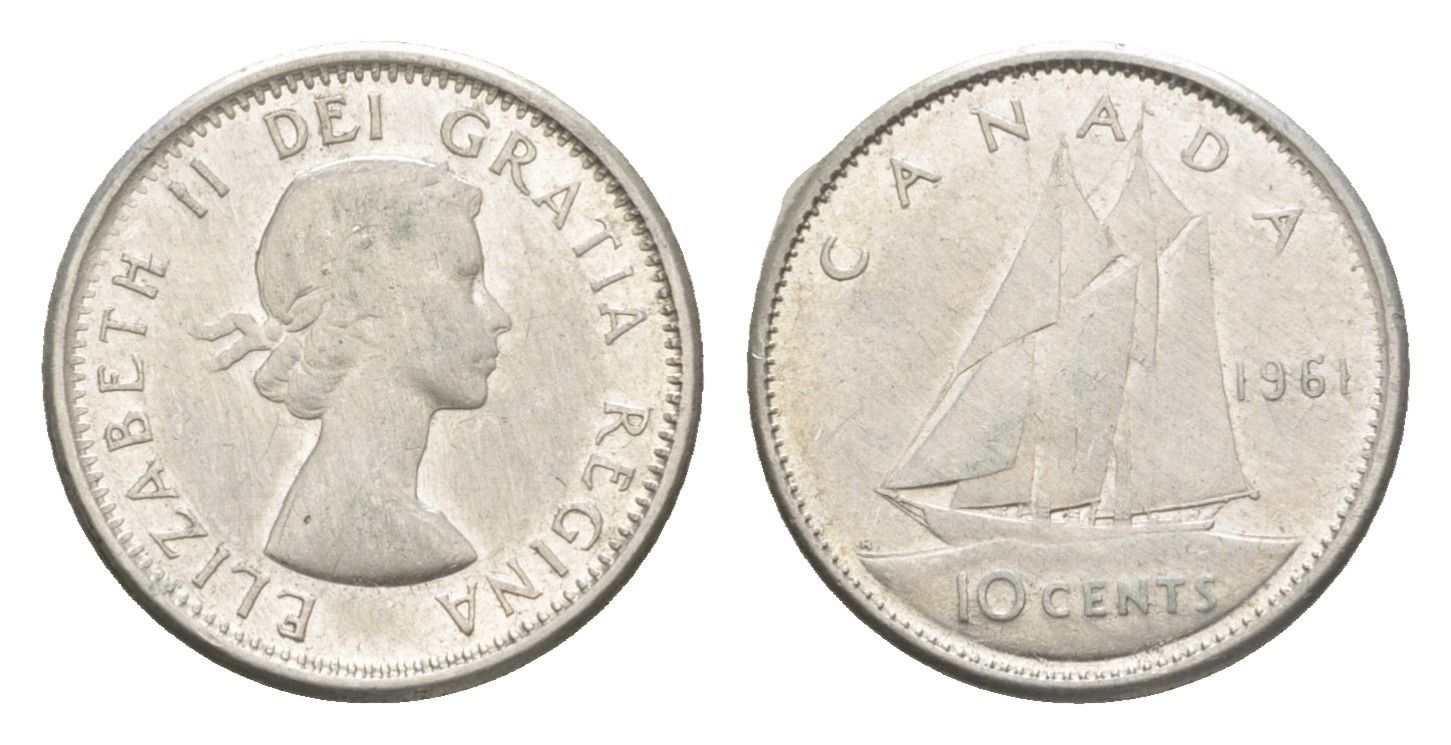 Канада 10 центов 1961 Елизавета II (1952-2022), парусник KM 51 серебро 4651-344