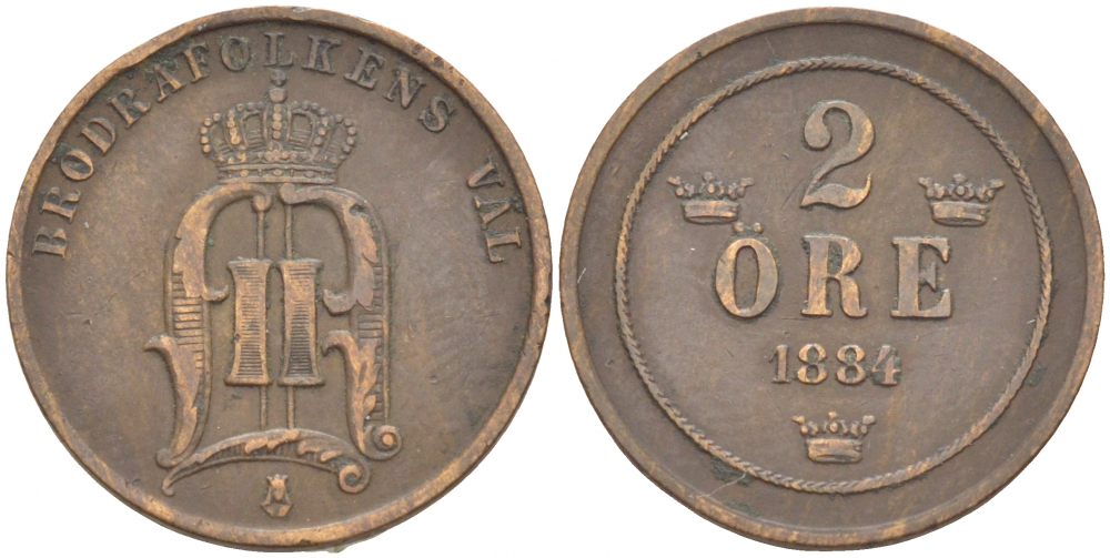 Швеция 2 эре 1884 Оскар II (1872-1907) король Швеции и Норвегии, крупные буквы, открытая 4 KM 746 (524) бронза 4402-314