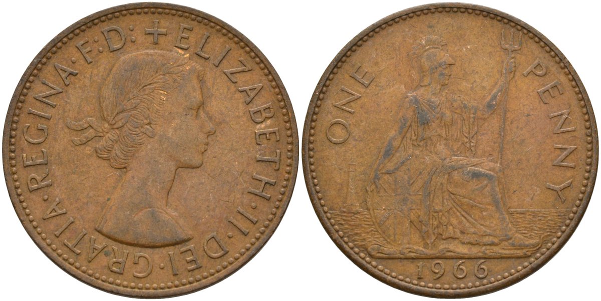 Великобритания 1 пенни 1966 Елизавета II (1952-2022) КМ 897, Spink 4157 бронза 4144-933