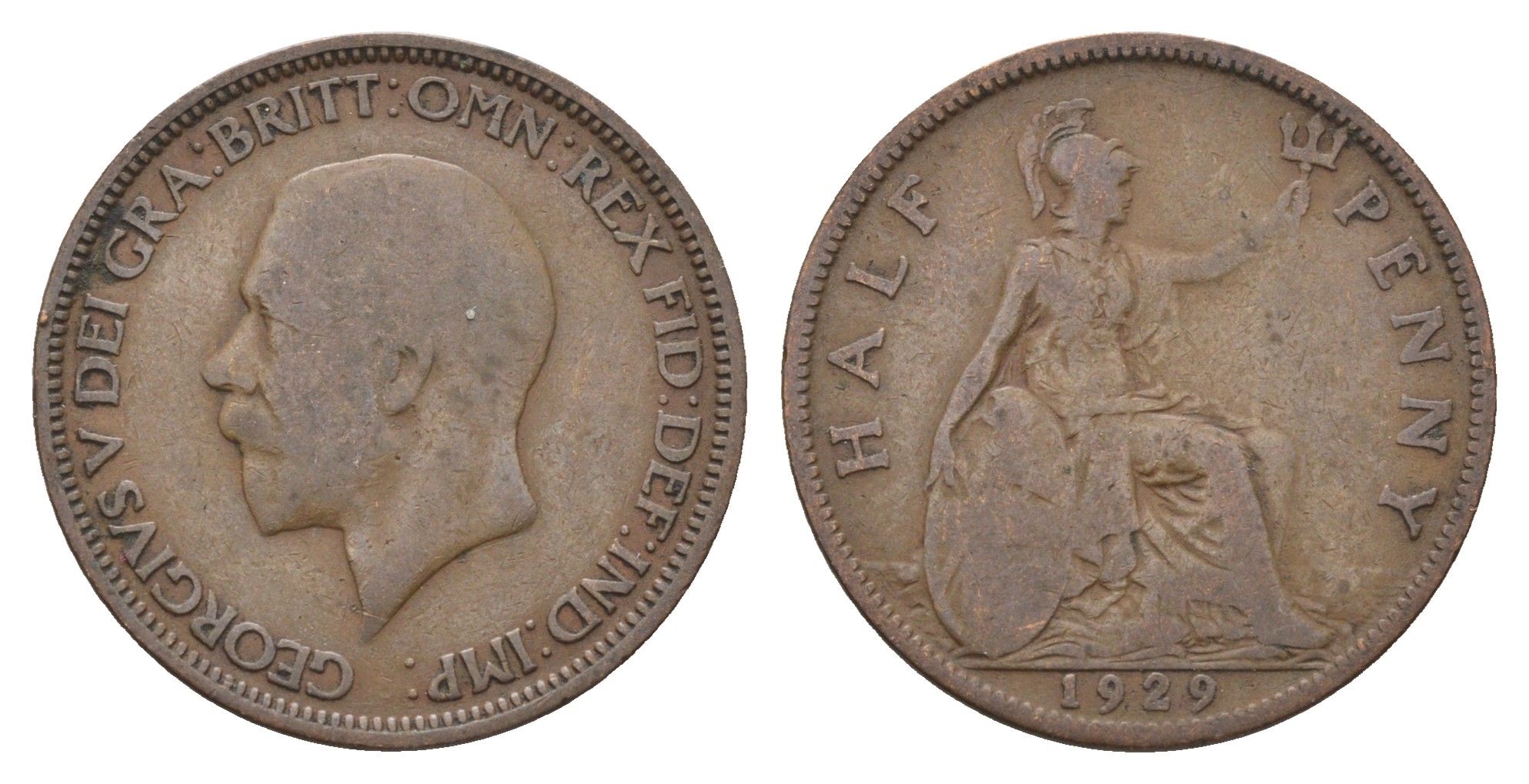 Великобритания 1/2 пенни 1929 Георг V (1910-1936) KM 837, Spink 4058 бронза 4662-1033