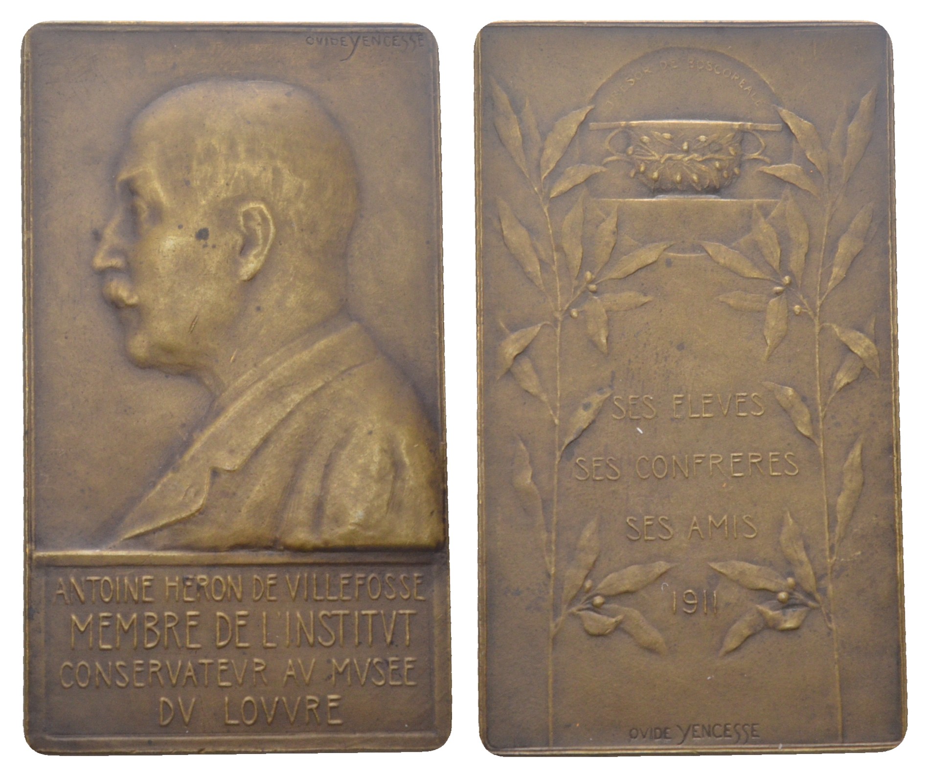 Франция плакета 1911 французский археолог А. де Вильфосс. Медальер О. Йенцесс, 39,22 гр., 59,8×34,7 мм  бронза    1089-5-11