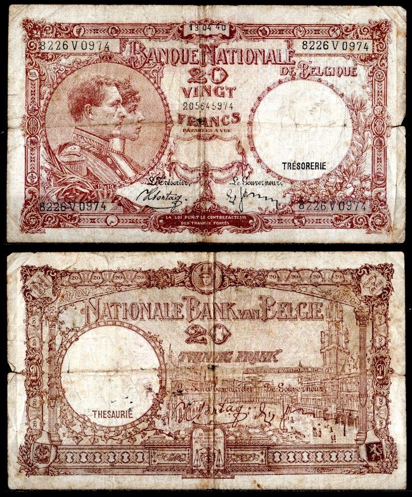 Бельгия 20 франков 1940 Pick 111 бумага 7457-31-3-1