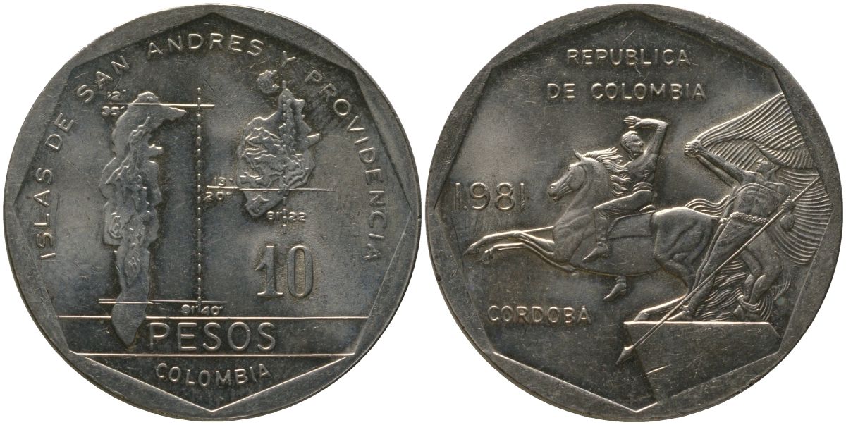 Колумбия 10 песо 1981 KM 270 никель латунь 4565-326