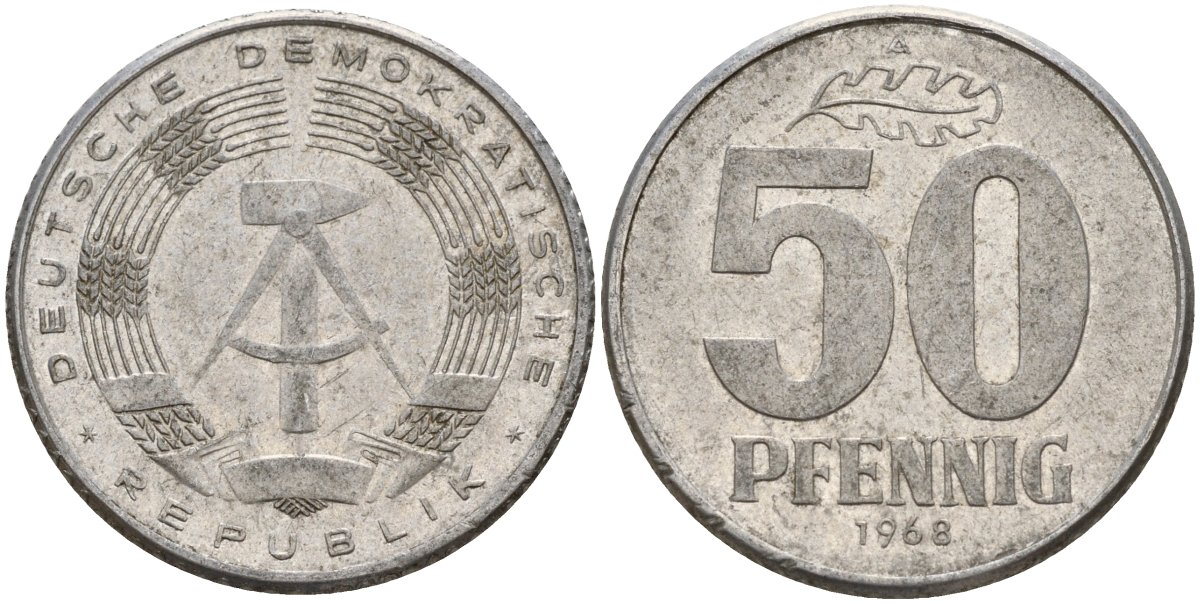 ГДР 50 пфеннигов 1968 A KM 12.2 алюминий 113-423
