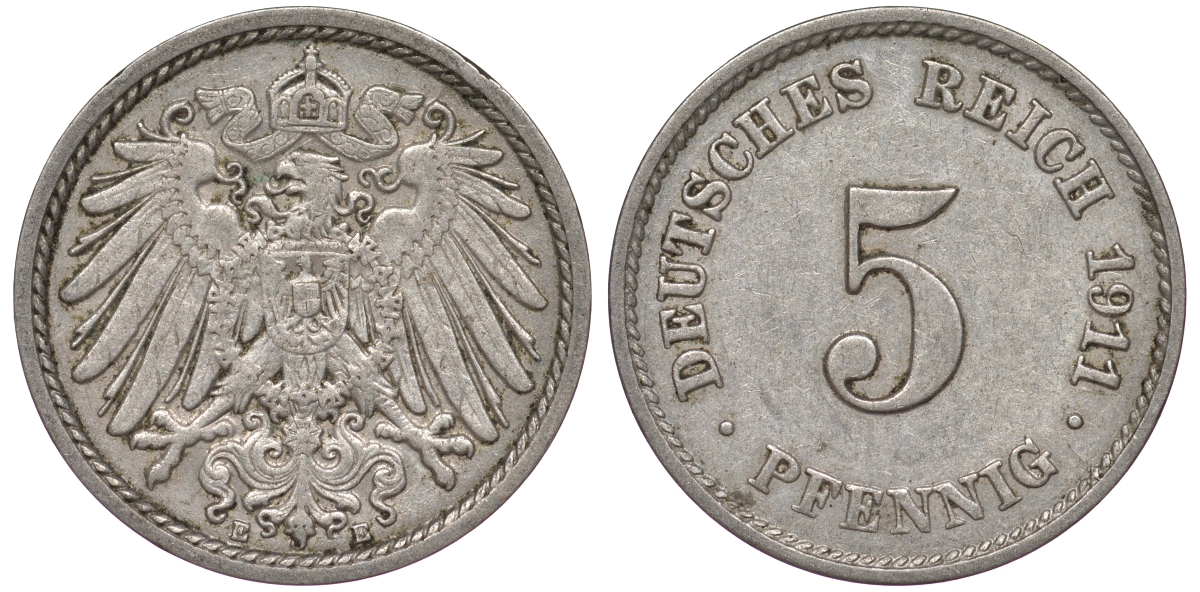 Германия 5 пфеннигов 1911 A KM 11, J. 12, Weege 6 медно-никель 25-1831
