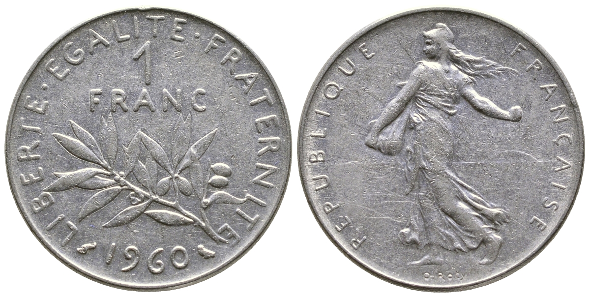 ФРАНЦИЯ 1 ФРАНК 1960 СЕЯТЕЛЬ KM 925.1, LE FRANC 226.4 никель 3999-425