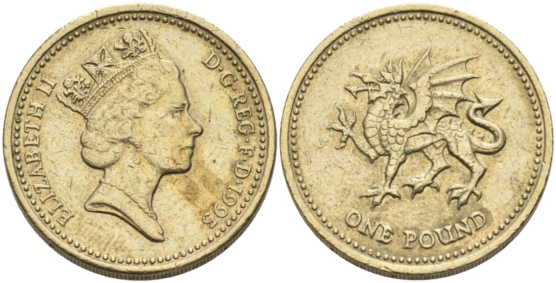 Англия 1 фунт 1995 дизайн Уэльса, ДРАКОН KM 969, Spink 4338 никель латунь 88-513