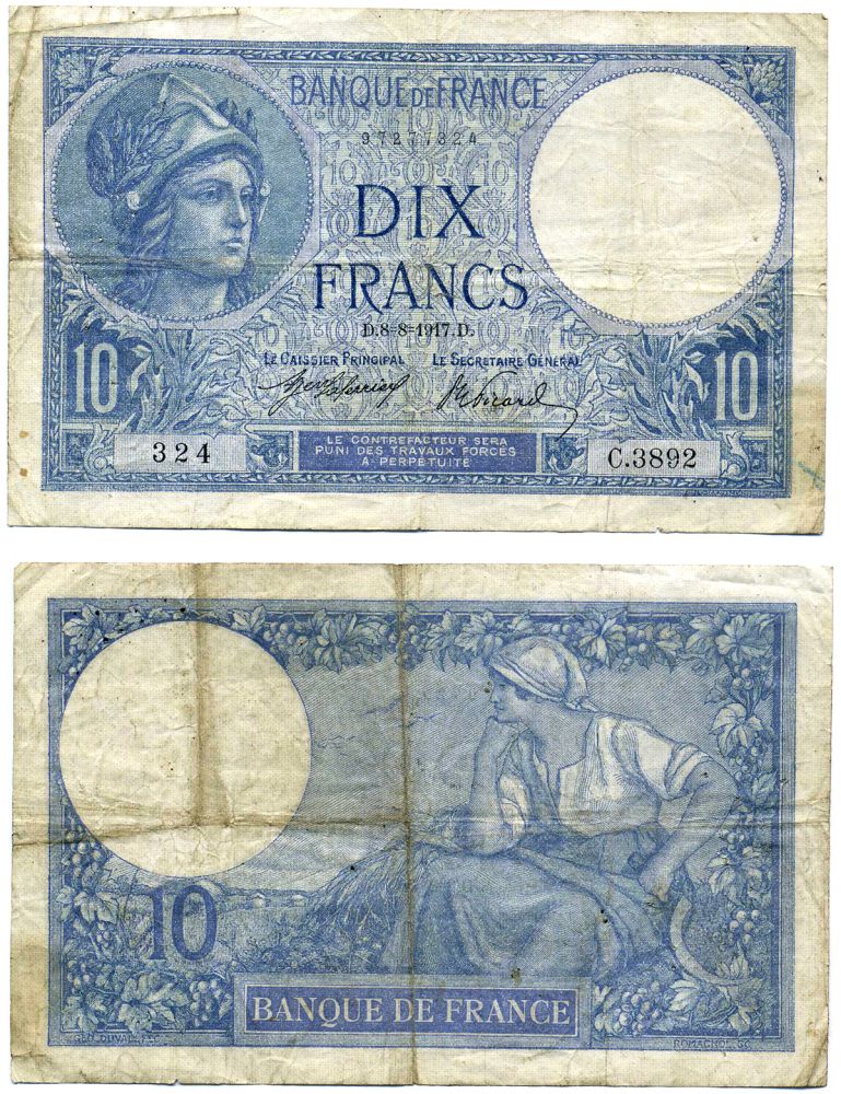 Франция 10 франков 1917 8 августа 1917, Минерва, signatures: Laferriиre & Picard Pick 73а бумага 6285-37-1-2