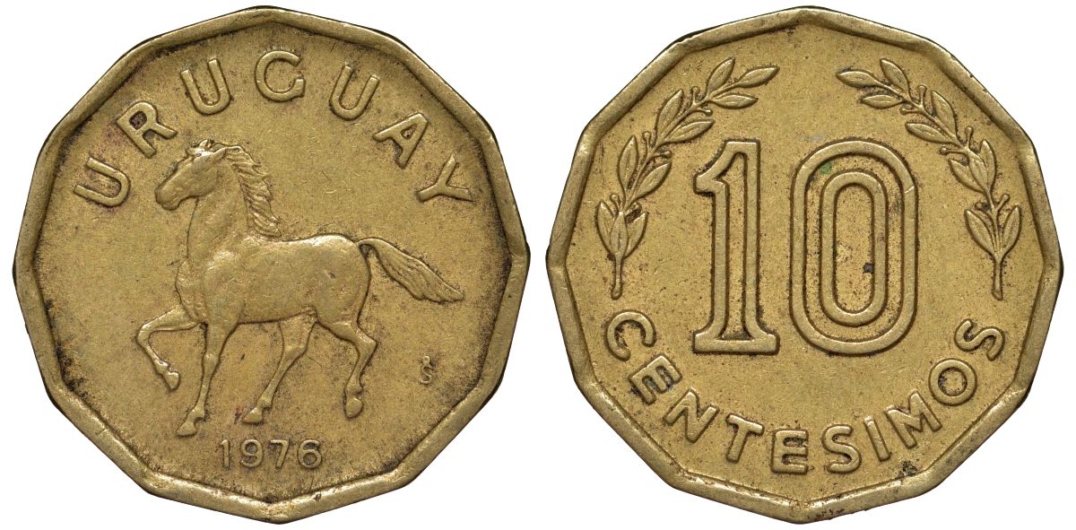 Уругвай 10 сентесимо 1976 KM 66 алюминиевая бронза 4164-744