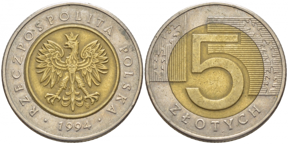 Польша 5 злотых 1994 MW KM 284 биметалл 175-1217