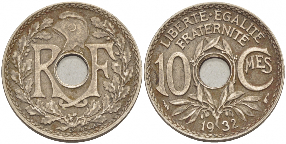 ФРАНЦИЯ 10 САНТИМОВ 1932 ТИП ЛИНДАЙЁ KM 886а медно-никель 67-532