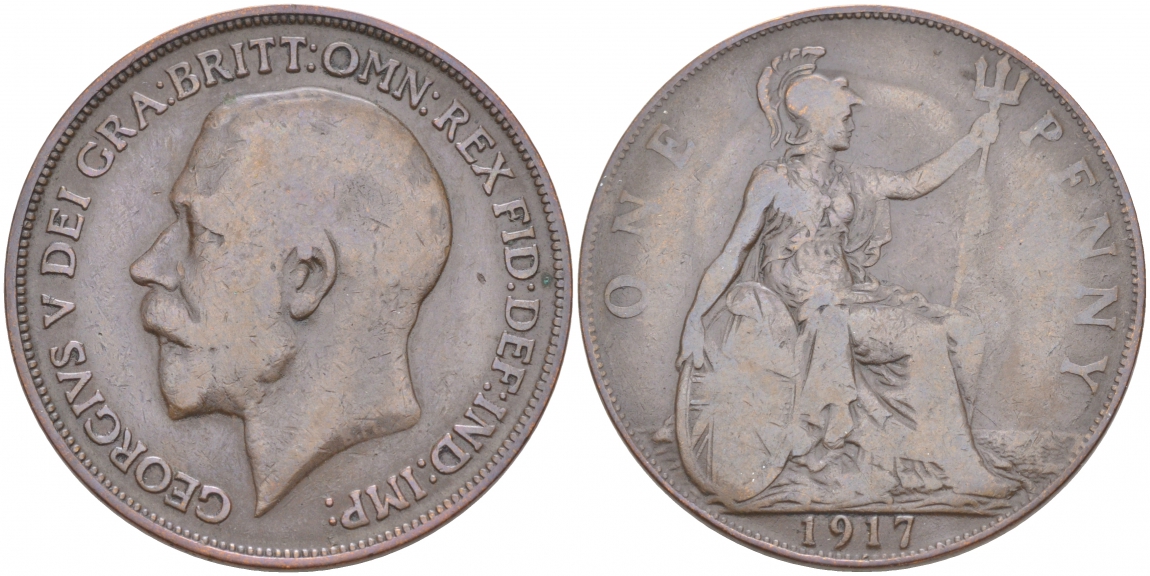 Великобритания 1 пенни 1917 Георг V (1910-1936) КМ 810, Spink 4051 бронза 69-143