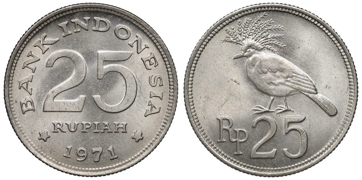 Индонезия 25 рупий 1971 год тип, венценосный голубь KM 34 медно-никель aUNC 4118-141