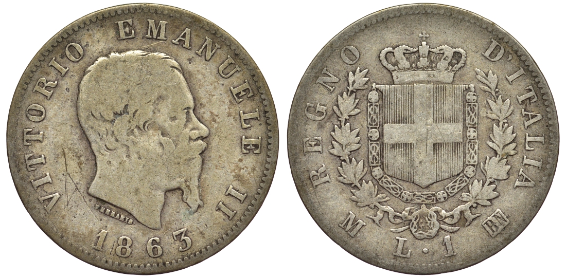 Италия 1 лира 1863 M-BN, Виктор Эммануил II KM 5a.1 серебро 27-1255