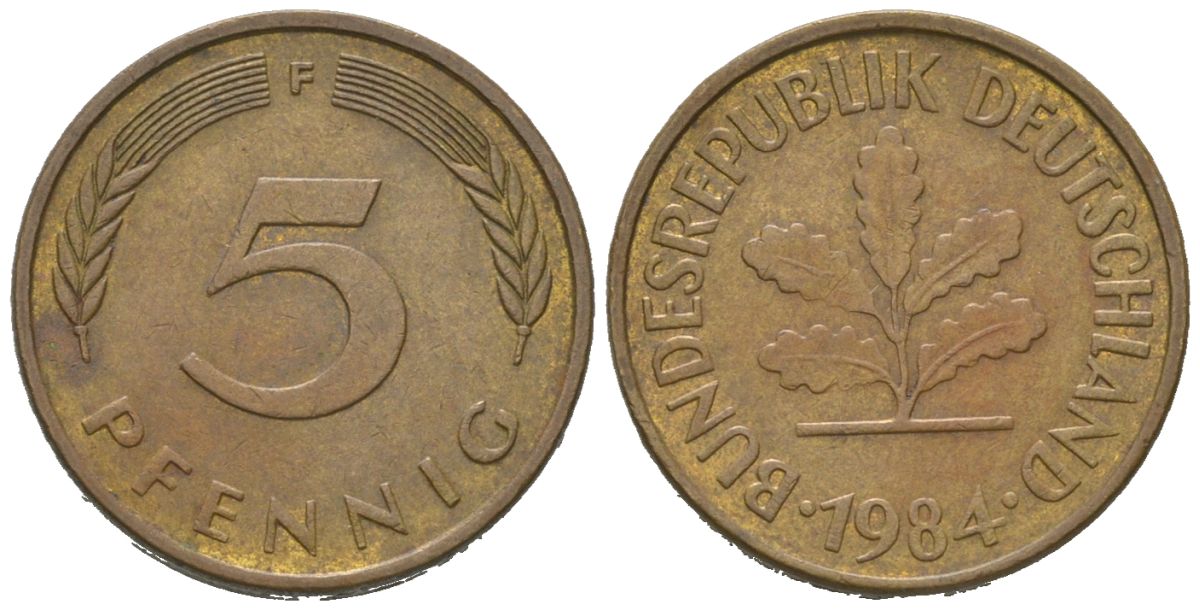ФРГ 5 пфеннигов 1984 F KM 107, J. 382 сталь плакированная латунью 4580-666
