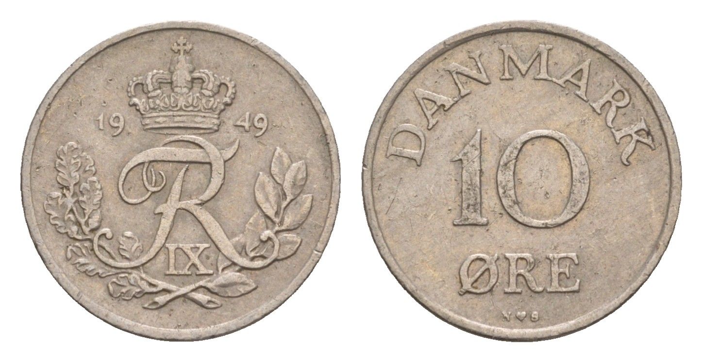 Дания 10 эре 1949 N, Фредерик IX (1947-1972) KM 841 медно-никель 4658-311