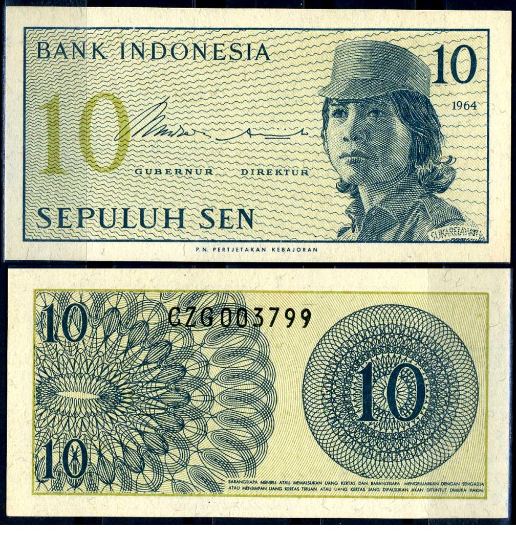 Индонезия 10 сенов 1964 девушка волонтер Pick 92 a бумага UNC (пресс) 6266-1-3-2