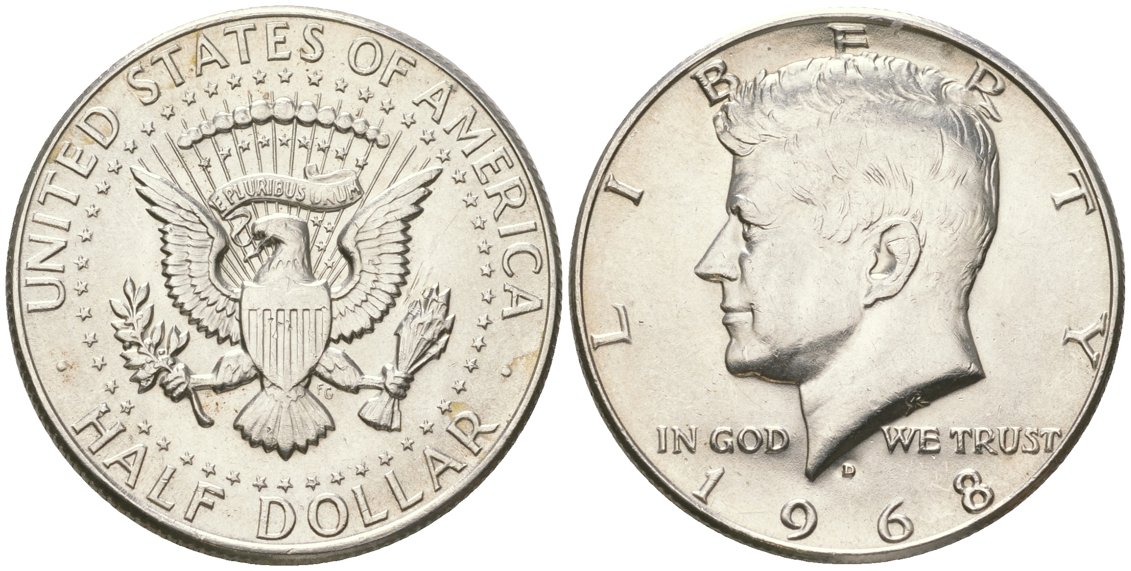 США 1/2 доллара (50 центов) 1968 D, Джон Кеннеди KM 202a серебро  UNC  4178-1023